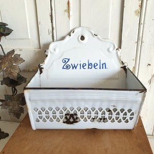 old wall container for onions, antique enamel wall holder, storage shelf, kitchen utensils, brocante kitchen decoration, country house, shabby chic