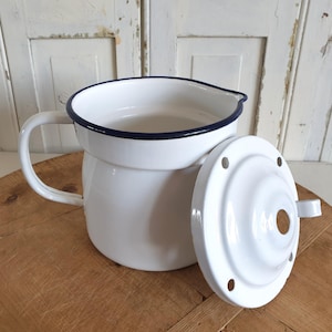 Antique enamel milk pot, jug with lid, milk jug, pot, vintage, brocante, country house kitchen, white-blue, shabby chic