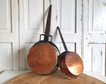 Ensemble : 2x sauteuse en cuivre Français antique, poignée en fer forgé, poêle en cuivre, sauteuse, fait main, Français vintage, maison de campagne