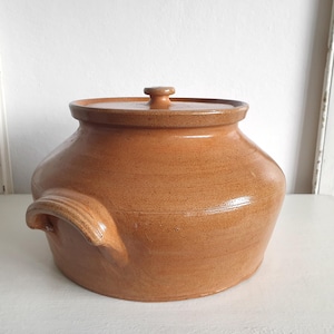Può includere: Un vaso di ceramica marrone con coperchio e due manici. Il vaso ha una forma arrotondata e una superficie liscia e smaltata. Il coperchio ha un piccolo pomello sulla parte superiore. Il vaso è probabilmente usato per cucinare o conservare.