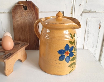 jarra antigua de Francia, jarra de agua con tapa, gres, arcilla, terracota, jarra, hecha a mano, vintage, brocante