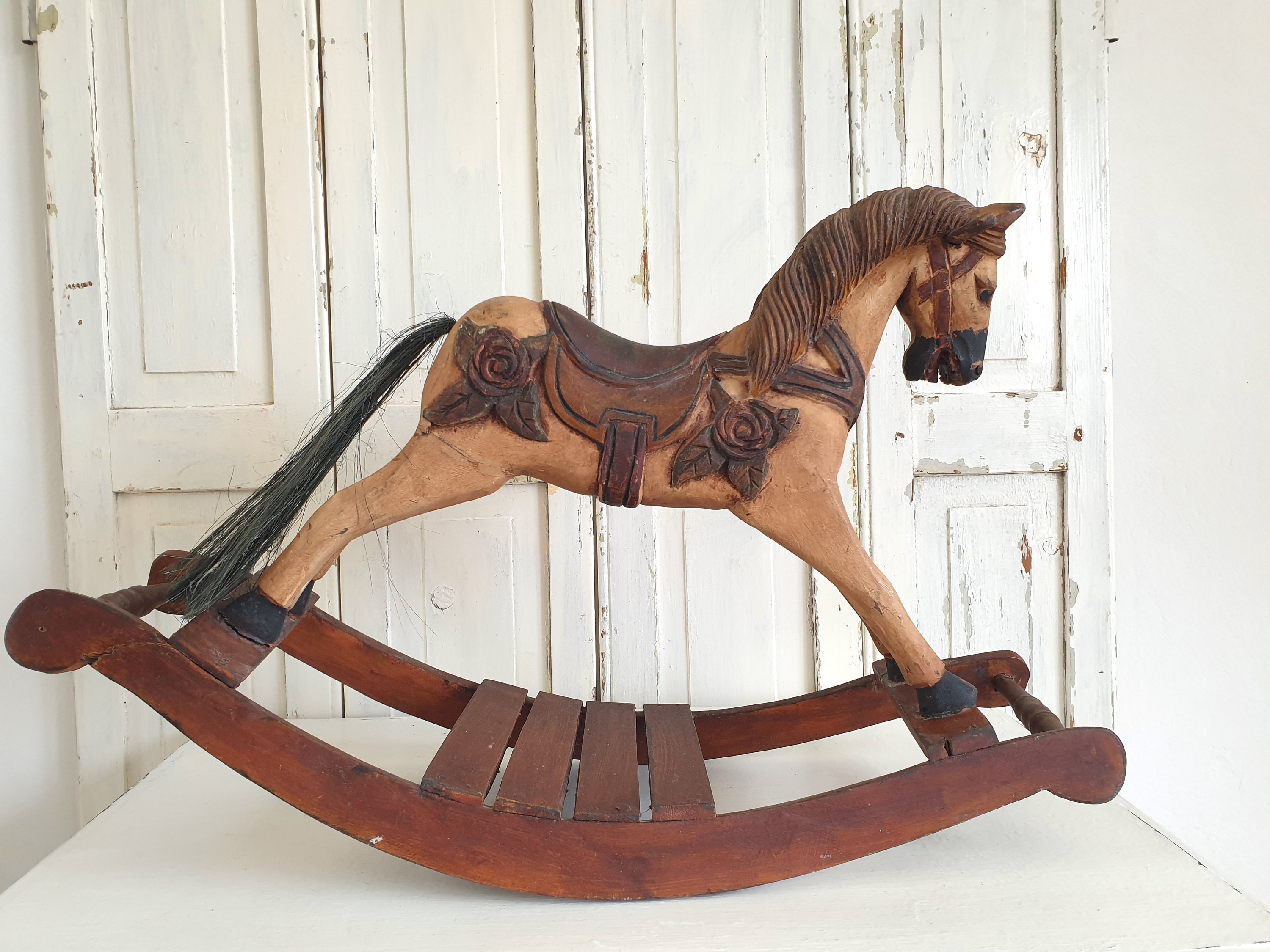 Ancien Cheval à Bascule Vintage - Bois Et Tissu - 1920-1950 - 87x99 Cm