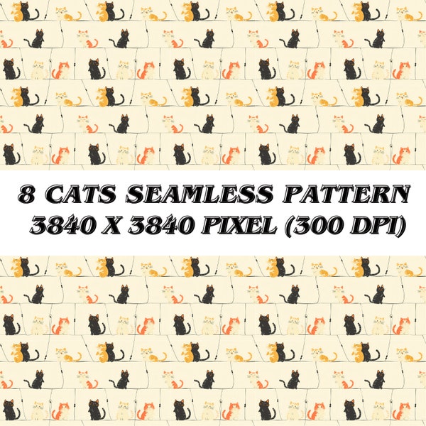 Playful Cats Seamless Pattern "Cats on a Line" - Digital Download, Cute Cat Illustrations for Fabric, Wallpaper, Crafting, and DIY Projects
