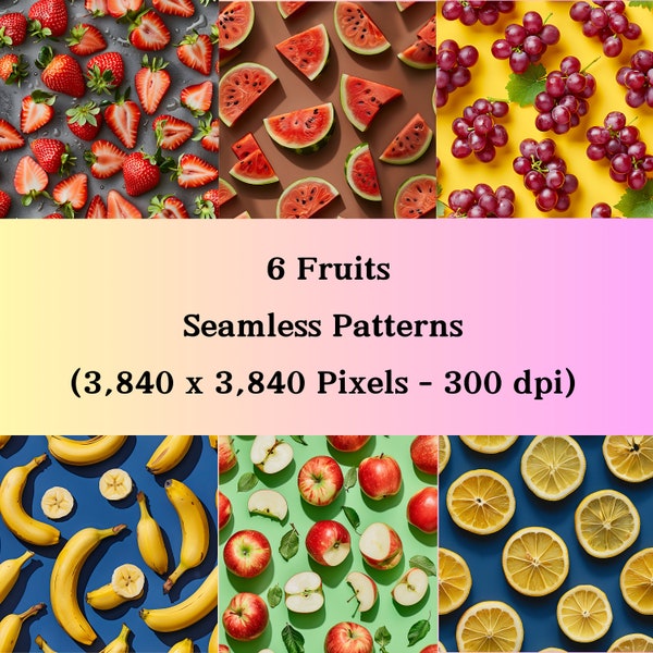 6 Fruits Seamless Pattern ,Digital Product, Lemons, watermelons, Apples, Bananas, Strawberries, Grapes Background