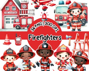 May include: A set of 36 digital illustrations of firefighters, fire engines, and fire equipment. The illustrations are in a cartoon style and feature bright red, yellow, and blue colours. The illustrations are perfect for creating greeting cards, invitations, or other crafts.