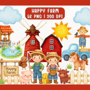 Clipart de fazenda feliz, fazenda fofa, pacote de clipart de fazenda em aquarela, animais de fazenda, fazendeiros, conjunto de clipart para berçário de bebê