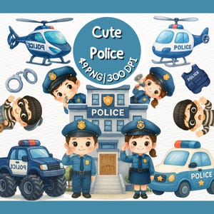 Akvarell polis Clipart: Barnfödelsedagsfestdekor (PNG digital nedladdning, 4096x4096 px)