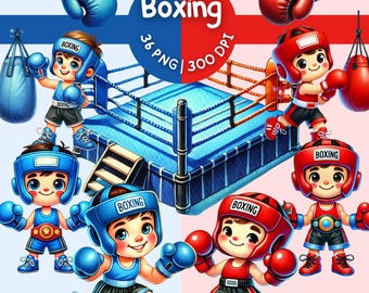 May include: A set of 36 boxing-themed digital illustrations featuring cartoon boxers in blue and red boxing gear, a boxing ring, and boxing gloves. The illustrations are in PNG format and 300 DPI.