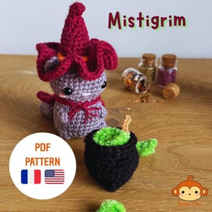Modèle de crochet amigurumi – Chat sorcier avec chaudron  (PDF, FR / EN)