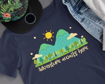 Adventure Awaits Here Kids T-shirt,, Nature Lovers Shirt, Mountain Forest Sun Motive,  Youth  Short Sleeve Tee