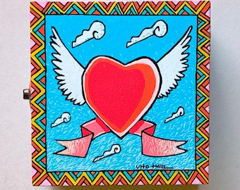 Hand painted wooden box. Winged heart. Exclusive and original artwork.