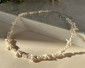 Pearl necklace for woman, Shell necklace for woman, Sea stars beaded necklace, White summer necklace, Wedding pearl necklace, Pearl jewelry