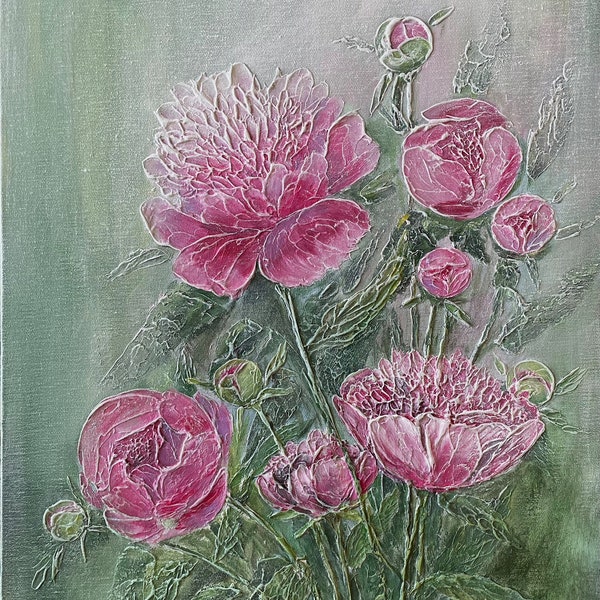 Peinture de pivoines, fleurs de pivoines roses, peinture acrylique texturée, florale sur toile