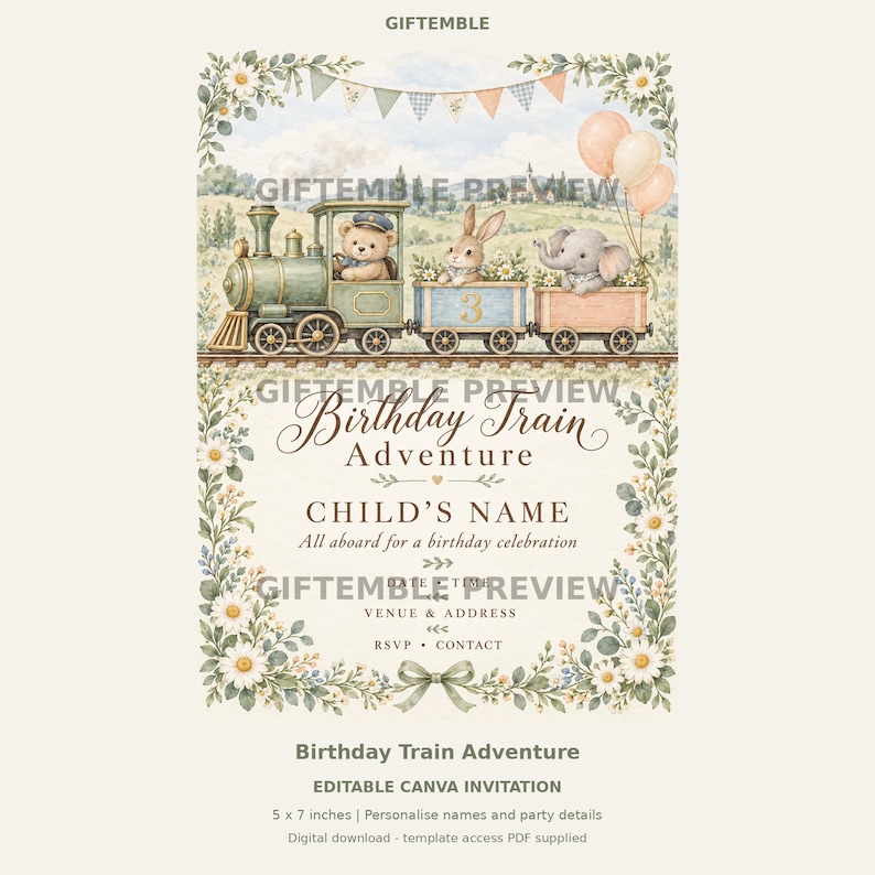 Birthday Train Adventure Canva Template | Editable 3rd Birthday Animal ...