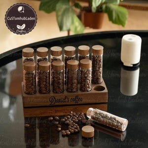 Custom 12 Tubes Wood 17g / 22g Coffee Beans Storage Tubes with Tape Base, , Way Exhaust Valve,Bean Cellar with Wooden Display Stand