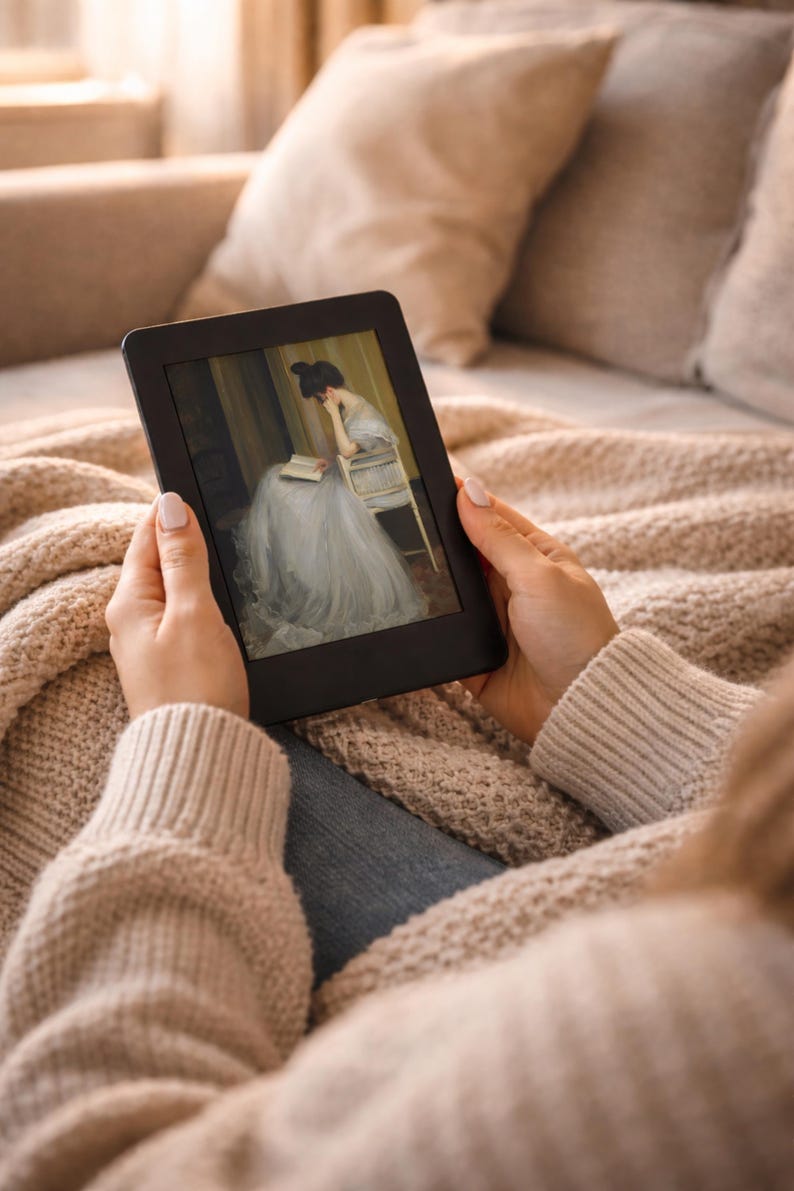 May include: A black e-reader displaying a classical painting of a woman in a long, flowing dress, seated and reading. The e-reader is held by a person wearing a beige sweater, resting on a beige blanket and pillows.
