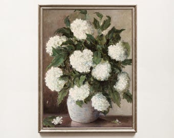Hydrangea Painting, Vintage Botanical Print, Floral Wall Art, White Hydrangeas in Vase, French Country Decor, DIGITAL Download Printable Art