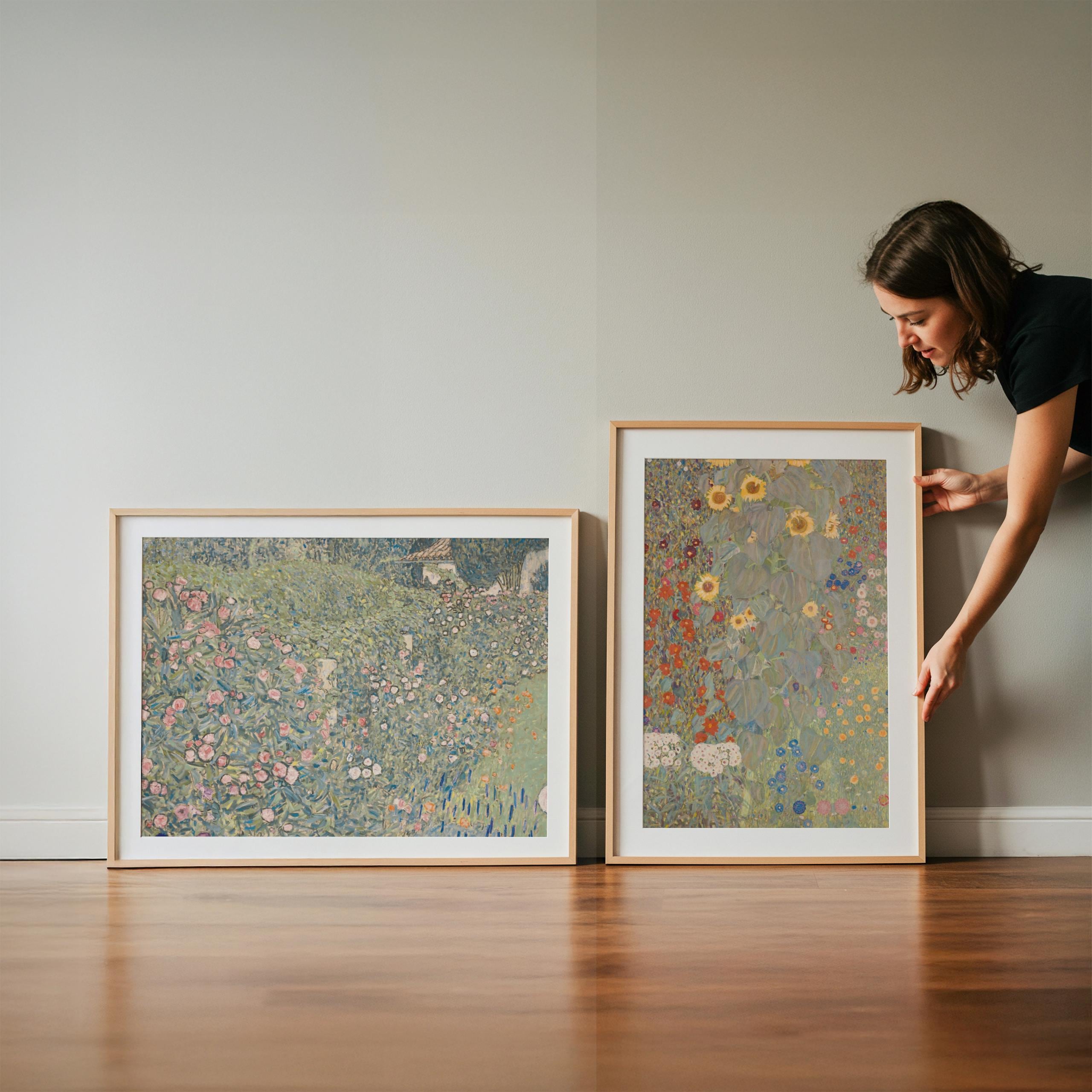 Gustav Klimt 花の絵 ブラウンフレーム Gustav Klimt Wall Art - Botanical Elegance Set of 3 Prints