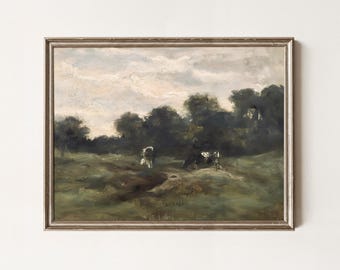 Pasture Landscape Print: Rustic Cows in Meadow Wall Art | Vintage Countryside Farmhouse Decor | Rural Country Living Artwork