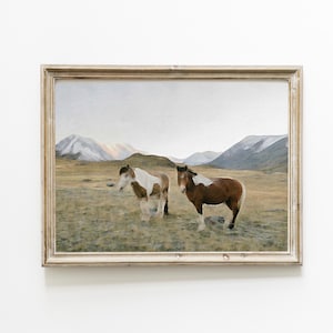 Paardschilderij: berglandschap, paardenkunstwerk | Vintage olieverfschilderij, digitale afdrukbare kunst | Landbouwkunstwerken en rustieke decoratie