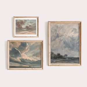 Obras de arte de nubes: Conjunto de 3 láminas de galería / Ilustraciones de nubes y cielo / Arte imprimible vintage, Pinturas de cielos al atardecer