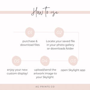 May include: A light pink graphic with the text "How to use" in cursive script. The graphic shows a numbered process: purchase and download files, locate the file, open the Skylight app, upload the image, and enjoy the display. The text "AG PRINTS CO" is at the bottom.