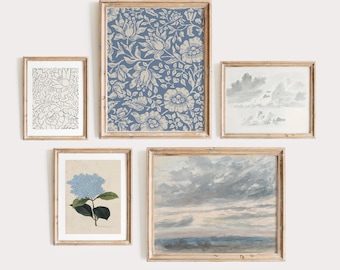 Blue French Cottage Wall Art - Set of 5 Gallery Prints, Blue Botanical and Landscape Prints, Digital Download
