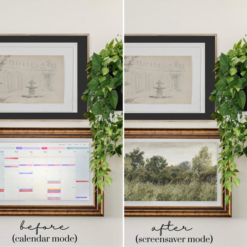 May include: Two framed artworks, one with a calendar display and the other with a landscape painting. The frames are gold and black, with a white matting. Green leafy vines hang between the frames. Text reads "before (calendar mode)" and "after (screensaver mode)".