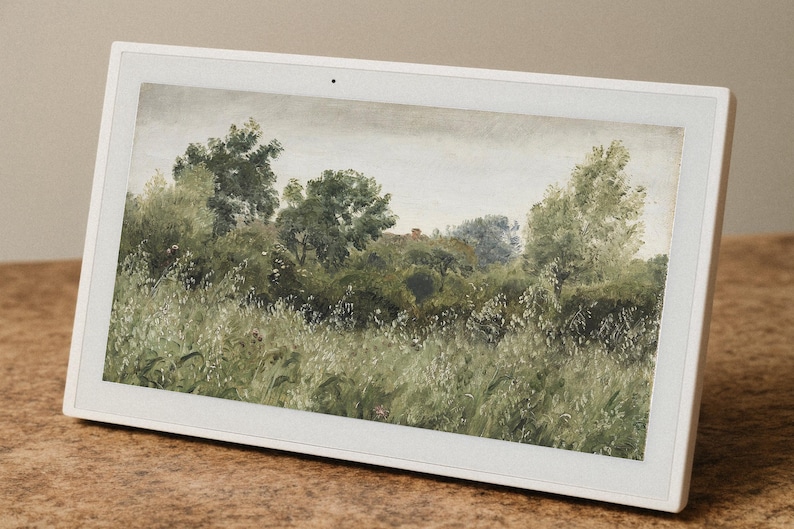 May include: A white framed digital display showing a landscape painting of a field and trees. The artwork features a muted color palette of greens, whites, and browns, with a cloudy sky. The display is angled on a brown surface.