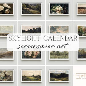 May include: A selection of framed art prints displaying vintage landscape and floral paintings. The prints depict scenes of nature, including fields, forests, and flowers. The text "Skylight Calendar screensaver art" is displayed in the centre of the image.
