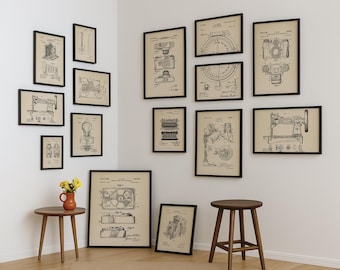 Juego de 15 impresiones de arte mural con patentes, paquete de arte mural con patentes, decoración de pared industrial, descarga de arte mural con patentes