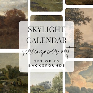 May include: A collection of 20 vintage landscape paintings, ideal for screensaver art. The images feature scenes of nature in various styles and colors, with text that reads "Skylight Calendar screensaver art".