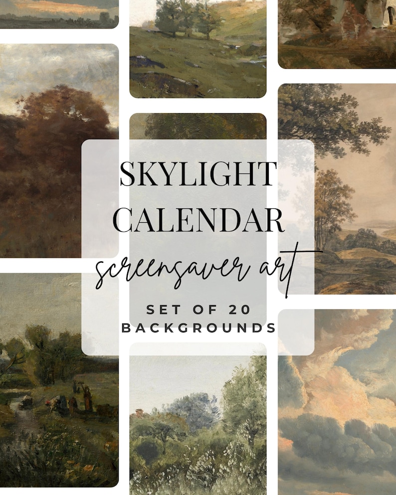 May include: A collection of 20 vintage landscape paintings, ideal for screensaver art. The images feature scenes of nature in various styles and colors, with text that reads "Skylight Calendar screensaver art".