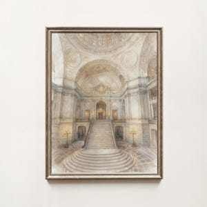 Akwarela przedstawiająca schody ratusza w San Francisco: architektura SF Landmark, cyfrowe pobranie historycznego budynku, pamiątka ślubna