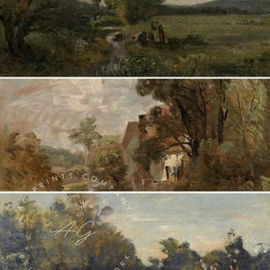 May include: Three vintage landscape paintings. The top painting depicts a stream and figures in a field. The middle painting shows a house surrounded by trees. The bottom painting shows a body of water and trees. The paintings have a muted color palette.
