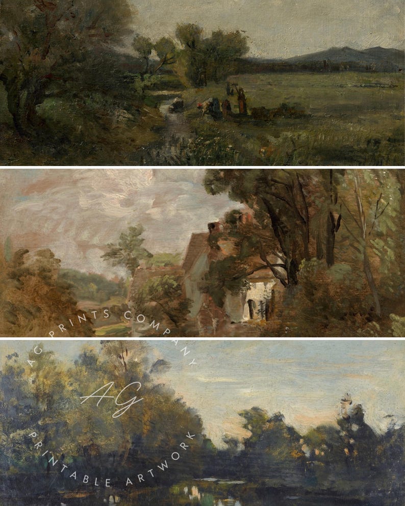 May include: Three vintage landscape paintings. The top painting depicts a stream and figures in a field. The middle painting shows a house surrounded by trees. The bottom painting shows a body of water and trees. The paintings have a muted color palette.