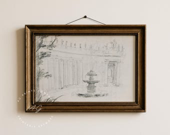 J: Schynoet 庭園の絵画 プリント ヴィンテージ ヴィンテージ建築スケッチ印刷可能、鉛筆画の噴水中庭、白黒建築アート