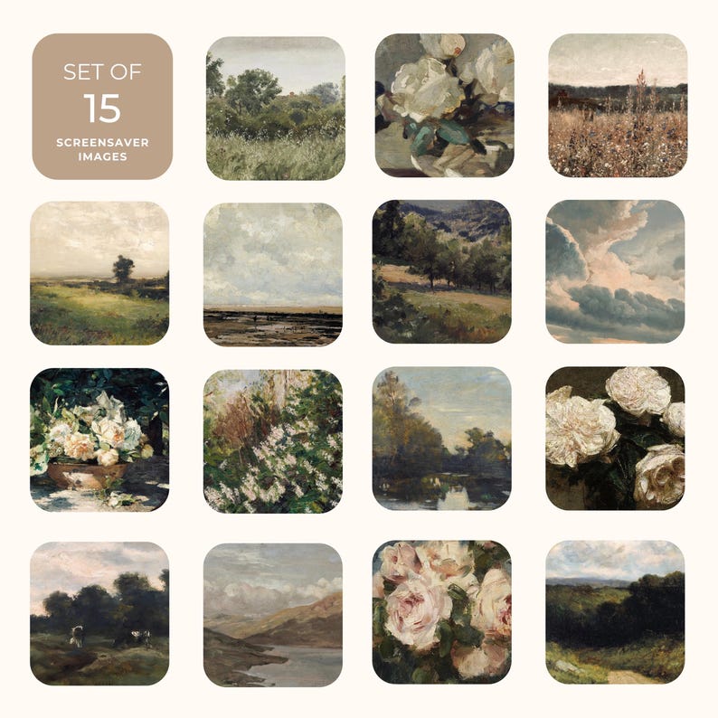 May include: A set of 15 screensaver images featuring vintage-style landscape and floral paintings. The images include scenes of fields, trees, and flowers in a muted color palette, with text that reads "SET OF 15 SCREENSAVER IMAGES".