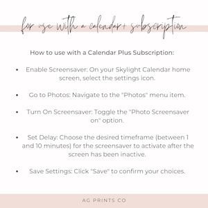 May include: A white background with text in a handwritten font that reads "for use with a calendar + subscription." Below, instructions are listed on how to use a calendar plus subscription, with bullet points and steps.