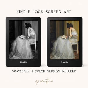 May include: Two Kindle devices side-by-side, each displaying a classical painting of a woman reading. One is grayscale, the other in color. The text at the top reads "KINDLE LOCK SCREEN ART". The bottom text says "GRAYSCALE & COLOR VERSION INCLUDED".