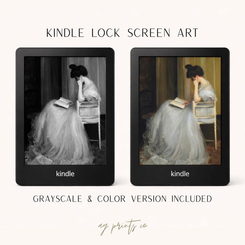 May include: Two Kindle devices side-by-side, each displaying a classical painting of a woman reading. One is grayscale, the other in color. The text at the top reads "KINDLE LOCK SCREEN ART". The bottom text says "GRAYSCALE & COLOR VERSION INCLUDED".