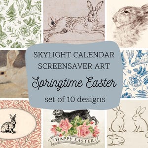 May include: A set of ten Springtime Easter designs showcasing rabbits in diverse artistic styles. The images include sketches, illustrations, and patterns in green, blue, and sepia tones. Text on the image reads "Skylight Calendar Screensaver Art Springtime Easter".