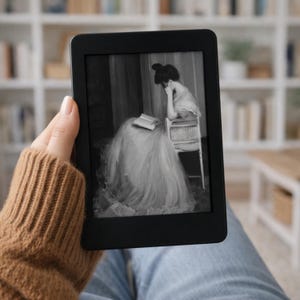 May include: A black e-reader displaying a grayscale image of a woman in a long dress seated near a book. The e-reader is held by a person wearing a brown sweater and blue jeans. A bookshelf is visible in the background.