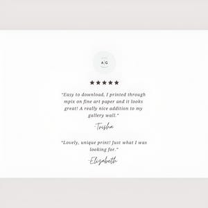 May include: White background with text and star icons. The text includes customer reviews about a print, mentioning ease of download and quality. The reviews are signed by Trisha and Elizabeth.
