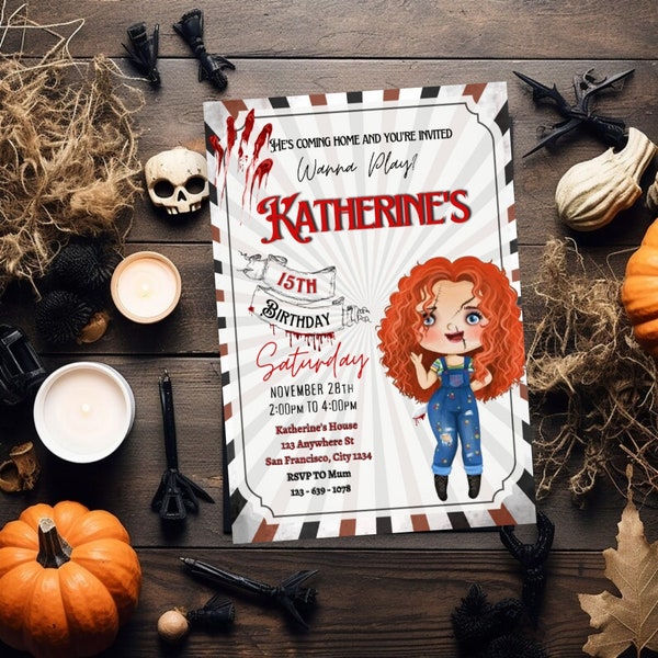 Chucky Invitation, Doll halloween Birthday Party Invites, horror Chucky Doll Evite, Mobile Phone Editable Digital