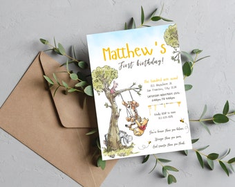 Winnie the pooh Birthday Invitation Boho Invitation Girl or boy Party Invite Pooh bear rainbow self- EDITABLE Instant download