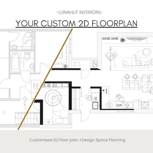 May include: A black and white 2D floor plan of a home with a living room, kitchen, and bathroom. The floor plan includes furniture and appliances, such as a sofa, coffee table, dining table, chairs, refrigerator, oven, sink, and toilet. The text "LUNAHUT INTERIORS" and "YOUR CUSTOM 2D FLOORPLAN" is at the top of the image. The text "Customised 2D Floor plan +Design Space Planning" is at the bottom of the image.