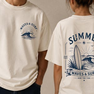 Summer Waves & Surf T-Shirt Front and Back Print, Vintage Beach Shirt, Surfing Graphic Tee, Ocean Sunset Coastal Summer Gift