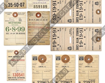 Vintage Railroad Luggage Tags and Labels Printables For Scrapbooking and Junk Journaling