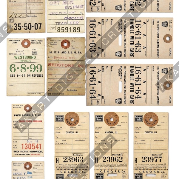 Vintage Railroad Luggage Tags and Labels Printables For Scrapbooking and Junk Journaling